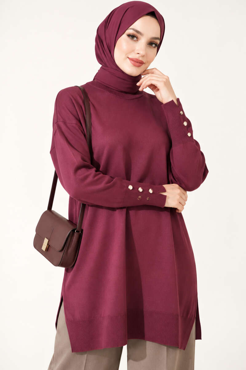 Split-Detail Buttoned Mercerized Tunic Plum - immagine 3