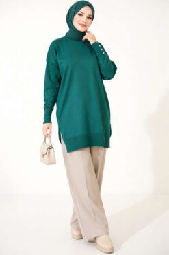 Alternative view of Split-Detail Buttoned Mercerized Tunic Emerald