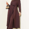 Long Tunic Set with Split Detail and Belted Cord Brown