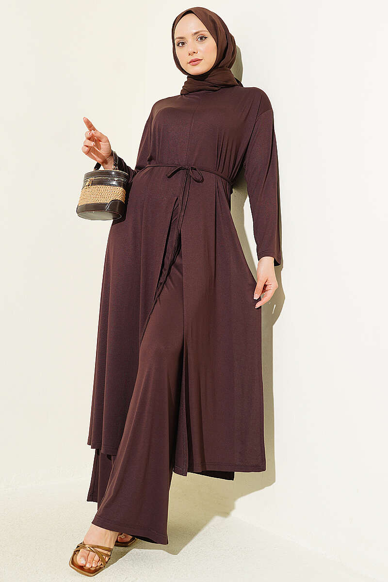 Long Tunic Set with Split Detail and Belted Cord Brown