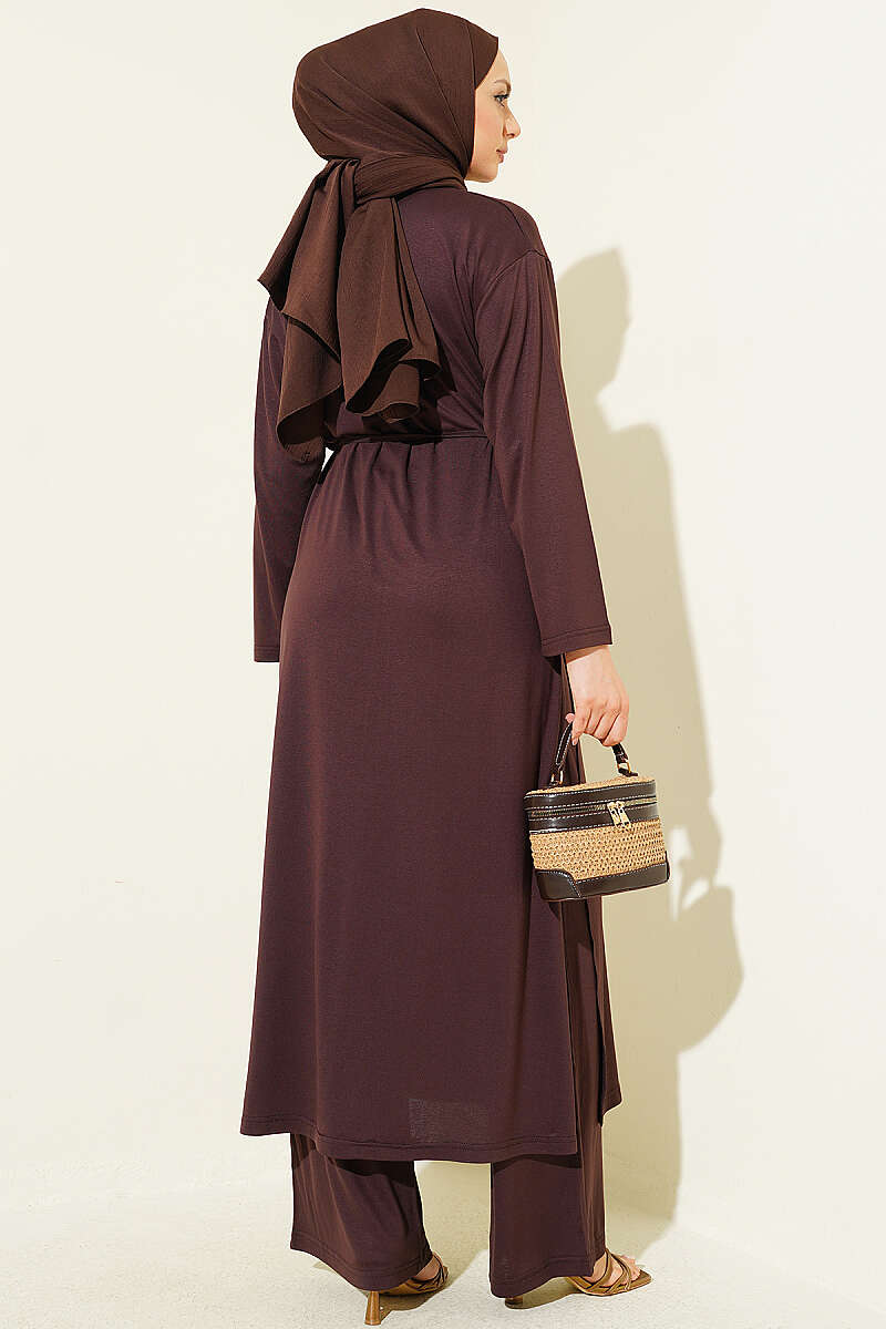 Long Tunic Set with Split Detail and Belted Cord Brown – Image 3