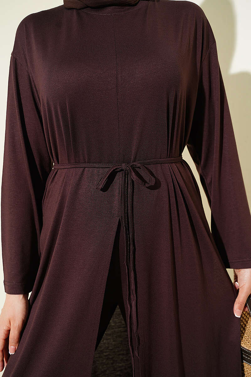 Long Tunic Set with Split Detail and Belted Cord Brown – Image 4