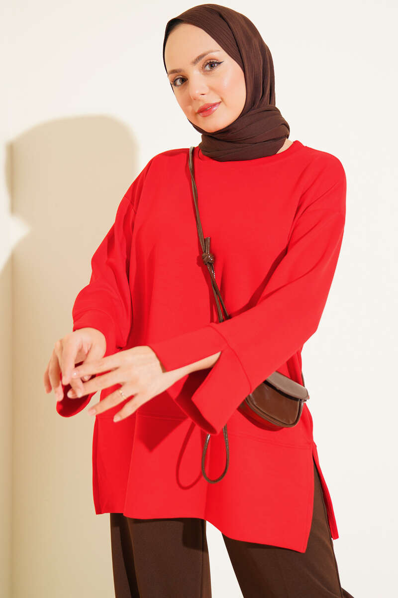 Split-Detail Modal Tunic Red