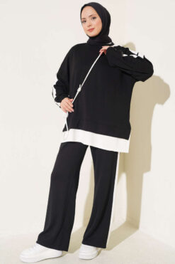Alternative view of Split-Detail Striped Two-Piece French Terry Set Black