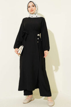 Long Tunic Set with Slit and Floral Accessory Black