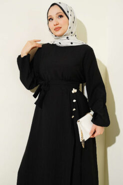 Alternative view of Long Tunic Set with Slit and Floral Accessory Black