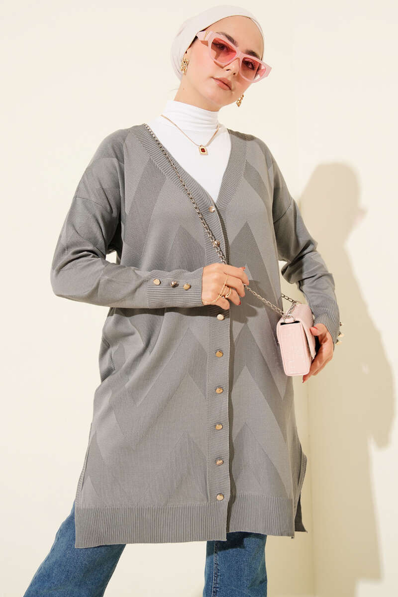 Zigzag Pattern Buttoned Mercerized Cardigan Grey