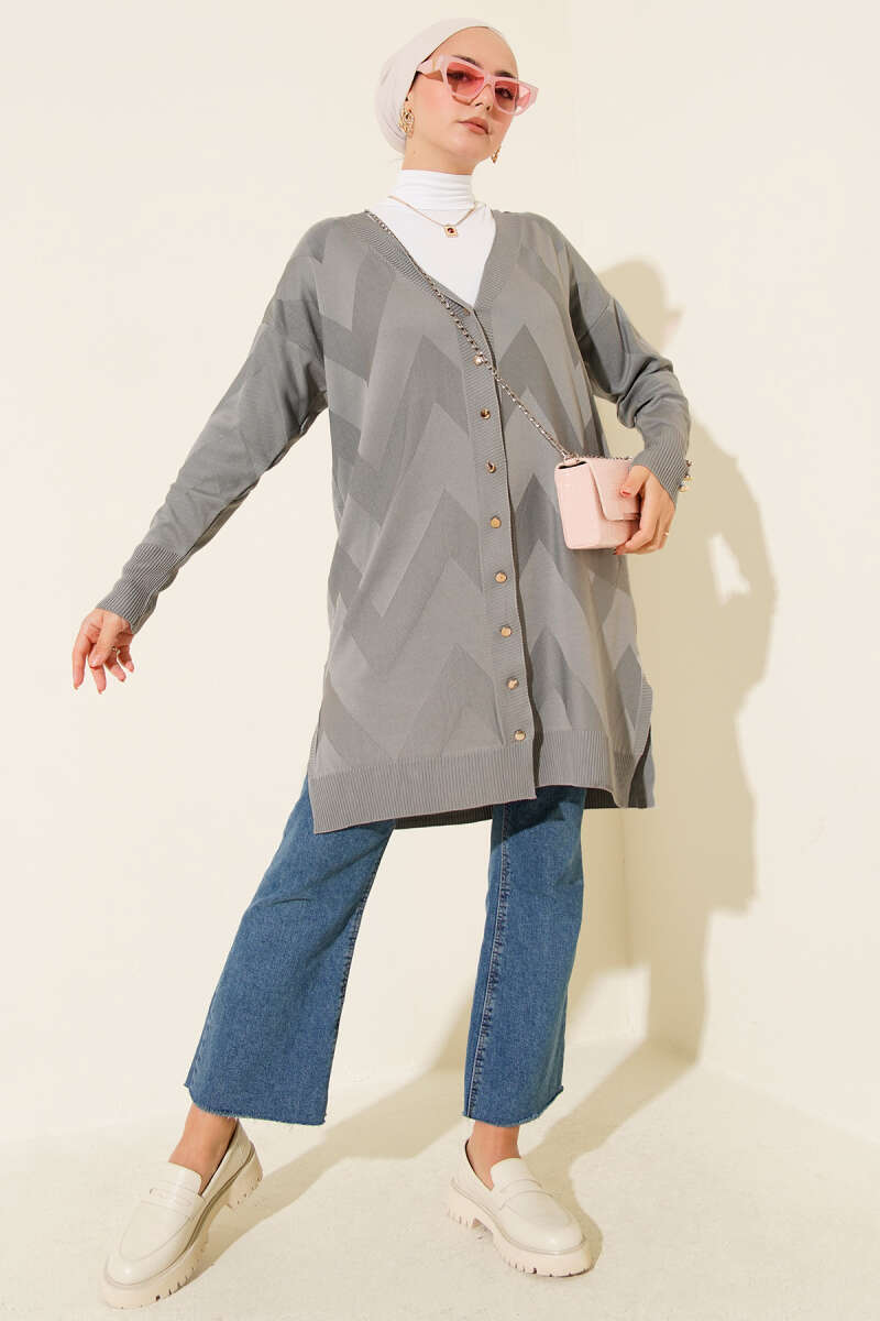 Zigzag Pattern Buttoned Mercerized Cardigan Grey – Image 2