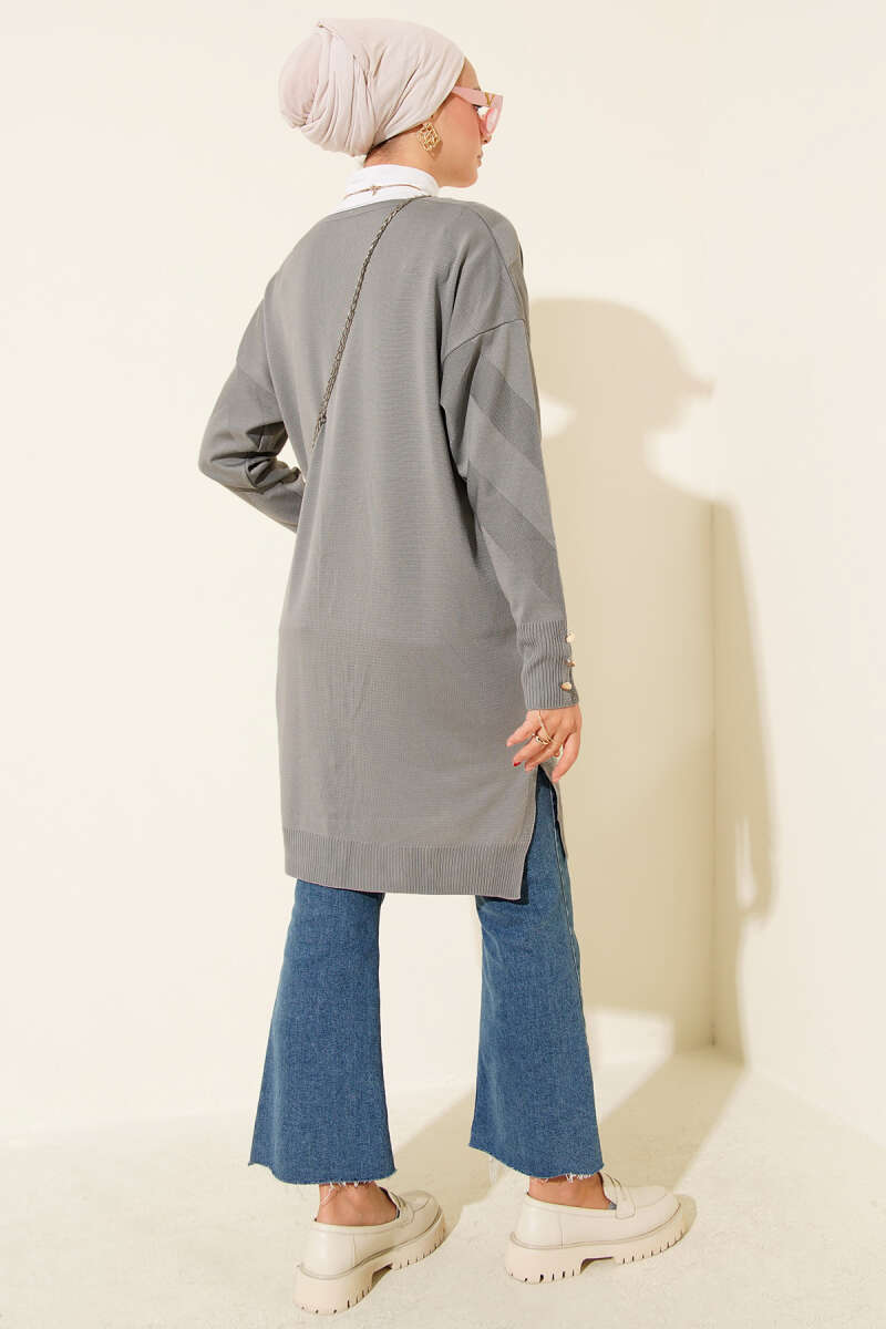 Zigzag Pattern Buttoned Mercerized Cardigan Grey – Image 3