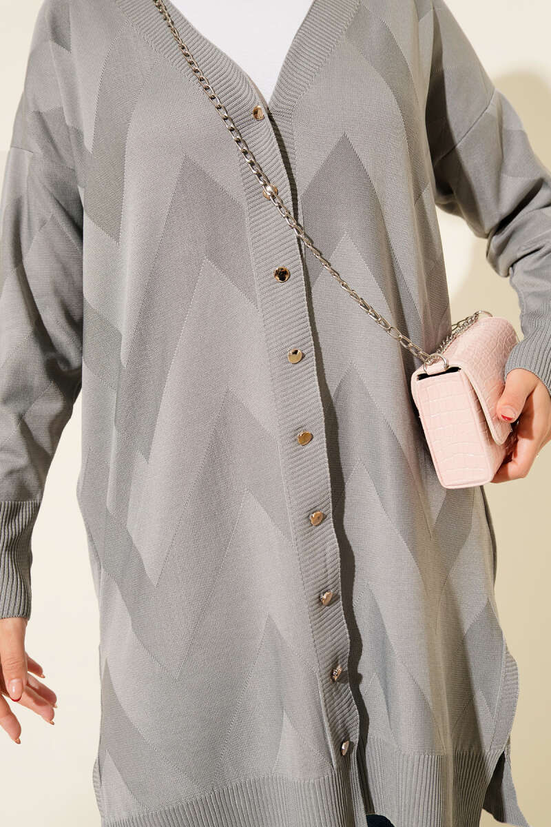 Zigzag Pattern Buttoned Mercerized Cardigan Grey – Image 4