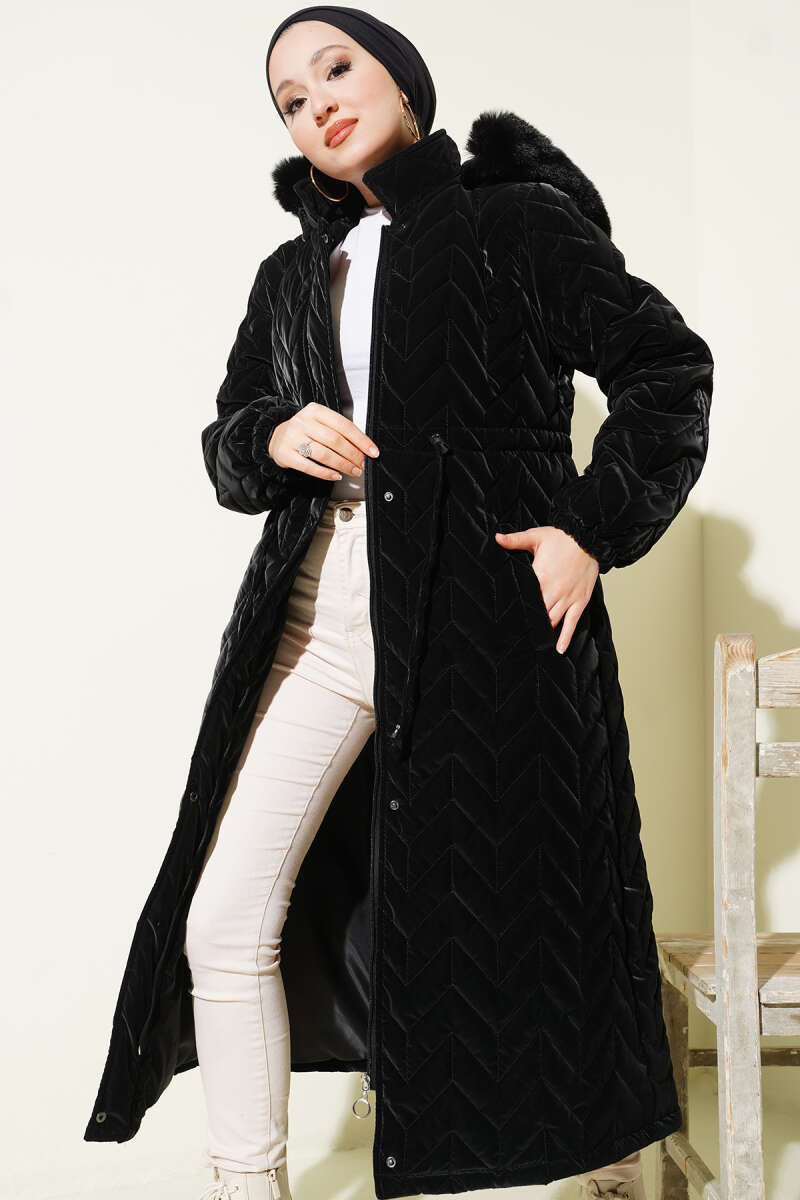 Padded waist belt with quilted details and fur accents Black