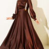 Draped Beaded Satin Evening Dress Brown